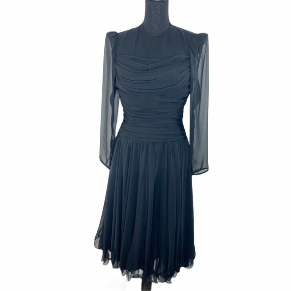 Vintage Anne Hobbs for Kastina Black Sheer Layered Silk Classic Modest Dress Sz6 - Picture 3 of 10